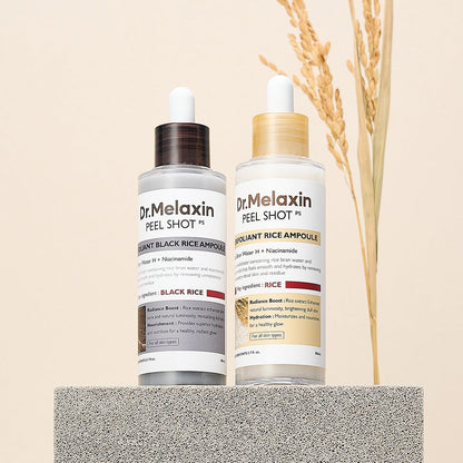Dr.Melaxin Peel Shot Glow Rice Ampoule Duo (White + Black) & Kojic Acid Spray Set – Exfoliating & Brightening Skincare Kit for Smooth Texture, Dark Spot Care & Radiant Skin